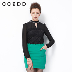 预售CCDD2015春装专柜正品新款女装 黑色立领雪纺泡泡袖蕾丝衫
