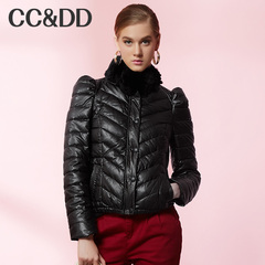 CCDD2014冬装专柜正品新款女装 兔毛领泡泡袖显瘦短款羽绒服
