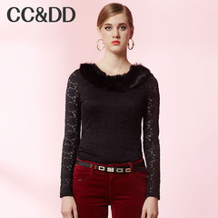 CCDD2014冬正品新款女装毛领中长款打底衫性感黑色蕾丝衫