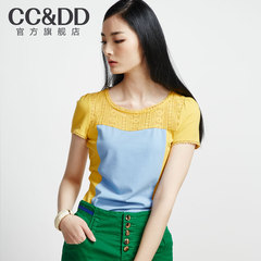 CCDD正品2014夏装新款女装学院撞色拼接圆领短袖纯棉T恤