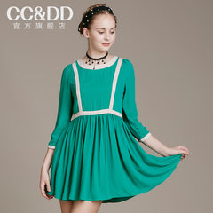 CCDD2014秋装专柜正品新女雪纺裙清新修身中长款绿色连衣裙