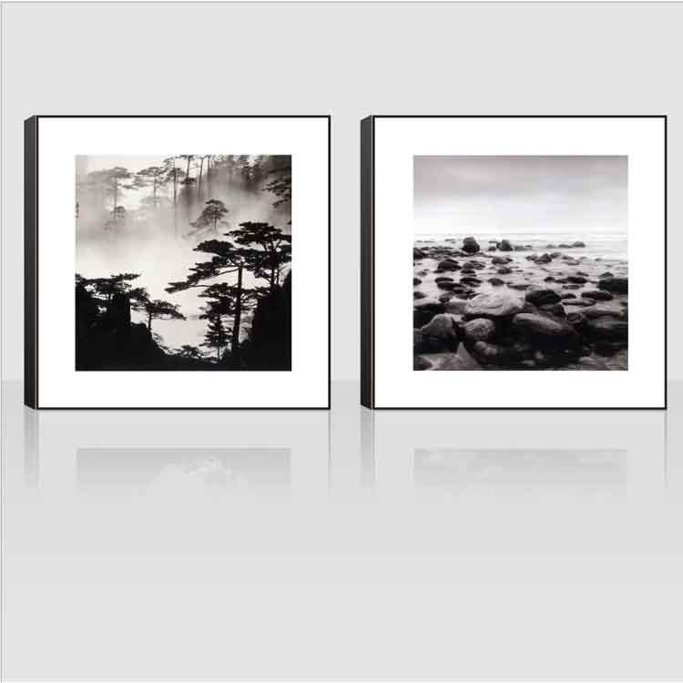 黑白简约自然山水风景现代家居客厅书房沙发有框画装饰画两联特价