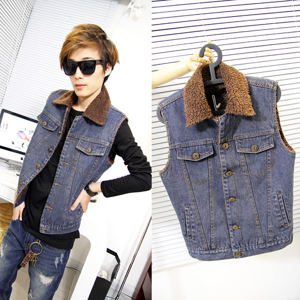 羊羔绒保暖<em>牛仔棉马甲男士韩版</em>绒毛翻领无袖背