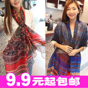 春季新款女士欧美复古民族风几何条纹图案棉麻大披肩围巾长款纱巾