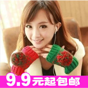 韩版冬季可爱球球针织加厚手臂套毛线保暖半指女士双色AB露指手套