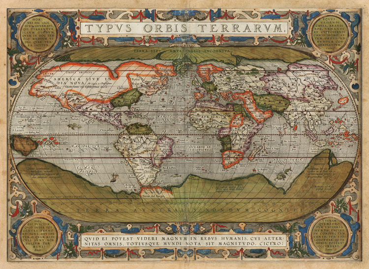 1570年世界地图 复古怀旧装饰画壁画挂画画芯