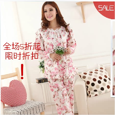 新款春秋季<em>睡衣</em>女士<em>纯棉</em>长袖套装韩版<em>红花</em>无领