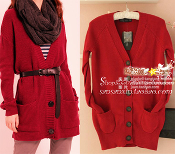 针织<em>开衫</em>搭配_修身显瘦 V领 粗线 粗毛线 <em>暗红</em>