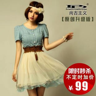 vivi杂志款2012夏新款欧美复古牛仔网纱雪纺蕾丝绣花连衣裙L80112