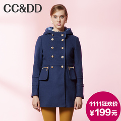 【爆】CCDD2014冬装专柜正品新款女装连帽双排扣羊毛外套呢大衣