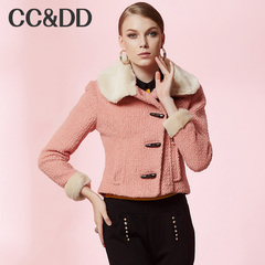 CCDD2014冬装专柜正品新款女装英伦羊角扣短外套毛领羊毛呢大衣
