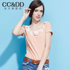 CCDD2014夏新女装小清新糖果色钉珠花边领波点纯棉短袖T恤