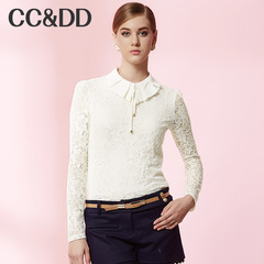 CCDD2014冬装正品新款女装淑女荷叶领系带打底衫白色蕾丝衫
