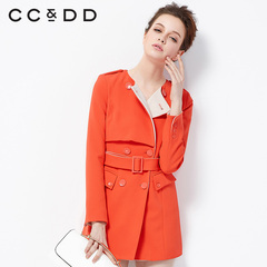 CCDD2015春装专柜正品新款女装 圆领肩章双排扣红色风衣