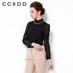 预售CCDD2015春装新款女装 黑色立领木耳边蕾丝拼接套头毛针织衫