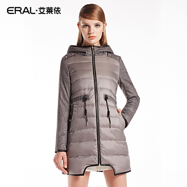 艾莱依eral2014新款修身时尚拼接中长款连帽羽绒服女潮eral6001c