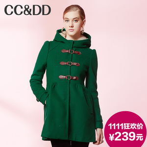 【爆】CCDD2014冬装正品新款女装学院皮扣连帽裙摆羊毛呢大衣外套