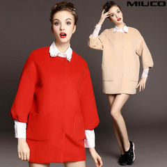 MIUCO2014欧美秋冬新款女装重工刺绣假领子廓型大气毛呢外套