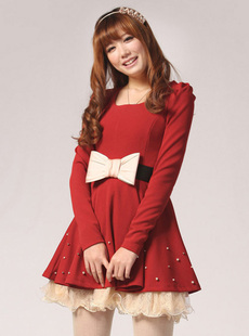 红色蕾丝拼接裙式大衣泡泡袖修身版型大摆精致
