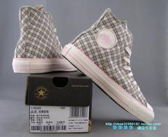 2013特价匡威帆布鞋-细格米黄高帮(电绣孔)女款-新