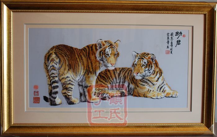 顾氏手工刺绣苏绣双虎,苏绣成品,虎年礼品,送人佳品