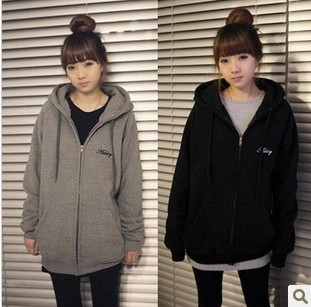 韩版连帽长款休闲大码宽松拉链抓绒加厚<em>开衫</em>学