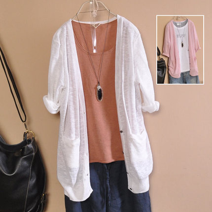抒情 秋装新款 显瘦中<em>长款</em>亚麻<em>开衫外套针织衫</em>