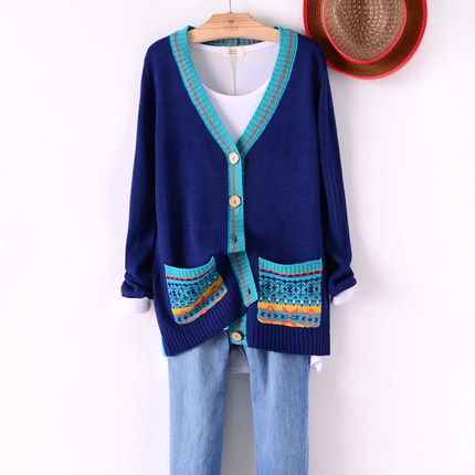 族风彩色提花撞色修身V领百搭长袖针织开衫毛