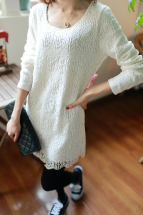 秋冬 女韩版圆领 蕾丝修身上衣 长袖打底裙女