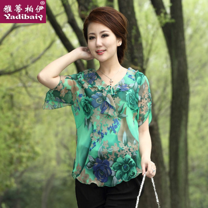 雅蒂柏伊 2014中老年妈妈装夏装新款飘带领女装雪纺衫大码短袖T恤 - 如意淘