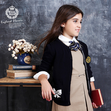 新款伊顿纪德英伦风童装<em>儿童针织衫女童</em>藏青色