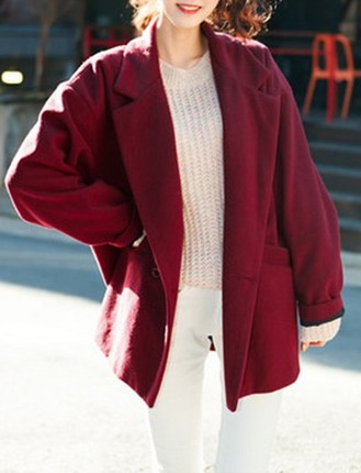 韩国东大门代购 复古酒红色翻领毛呢<em>大衣开衫</em>