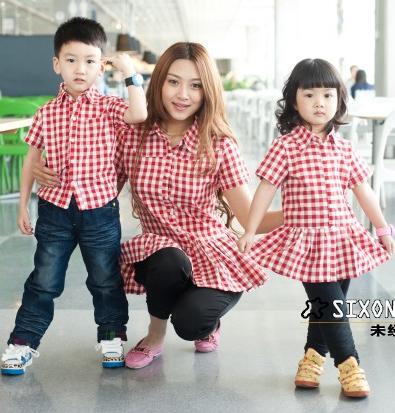 2013新款夏装短袖格子裙衬衫衬衣<em>姐弟</em>装母女