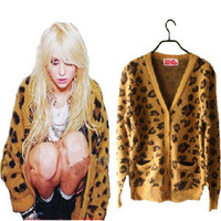 椒同款外单 欧美百搭豹纹兔毛羊毛针织<em>开衫</em>厚