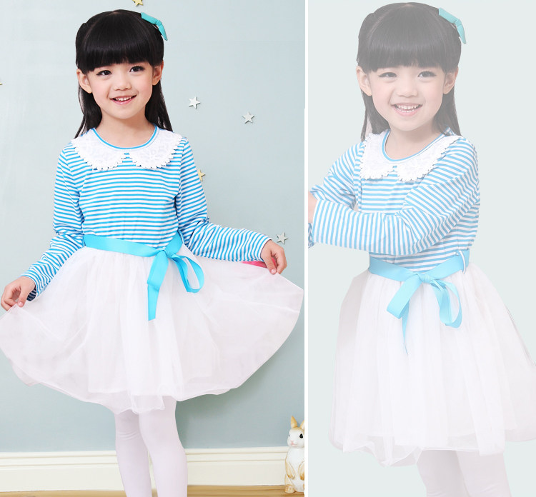 Baoyeah Jingle baby clothes girls Mitch 2013 spring new children's stitch long sleeve embroidery round neck stripes dress