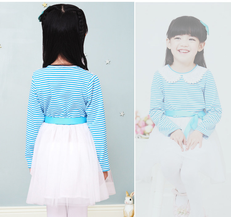 Jingle baby clothes girls Mitch 2013 spring new children's stitch long sleeve embroidery round neck stripes dress