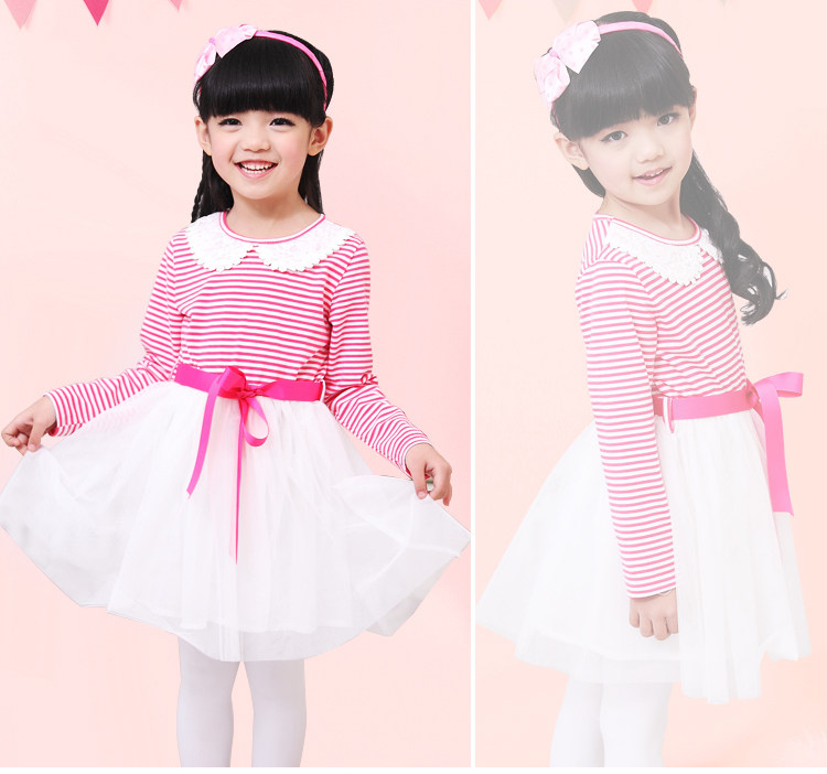 Jingle baby clothes girls Mitch 2013 spring new children's stitch long sleeve embroidery round neck stripes dress