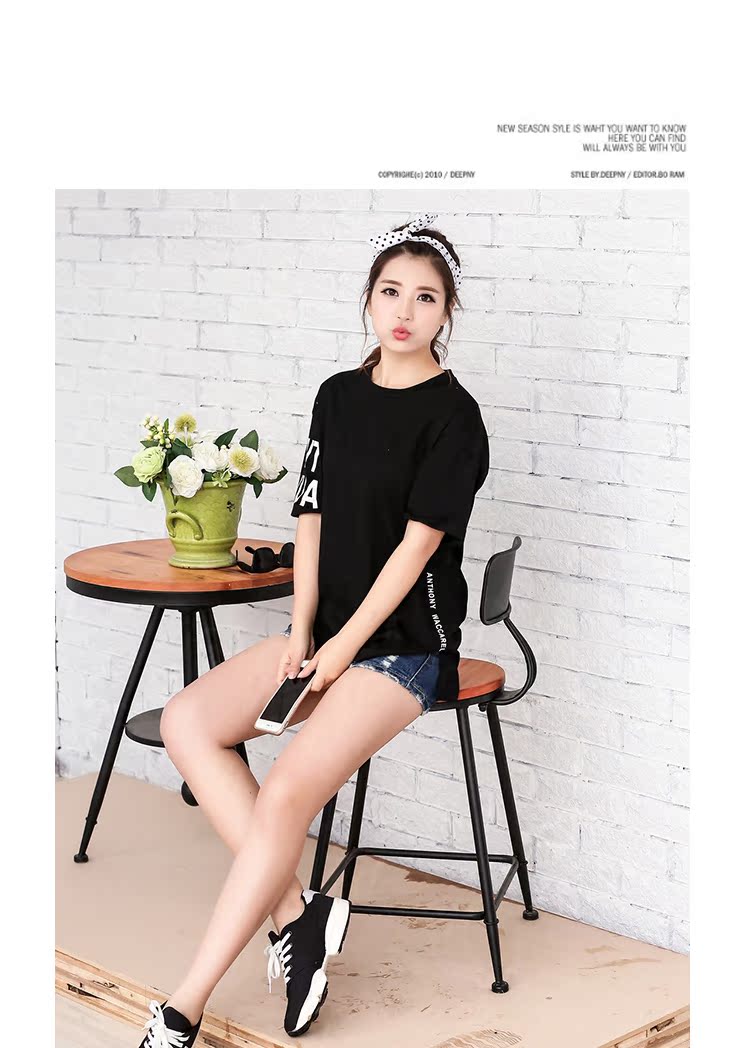 mssefn2015夏装新款韩版女装圆领印花条纹短袖T恤宽松显瘦简约款976P62