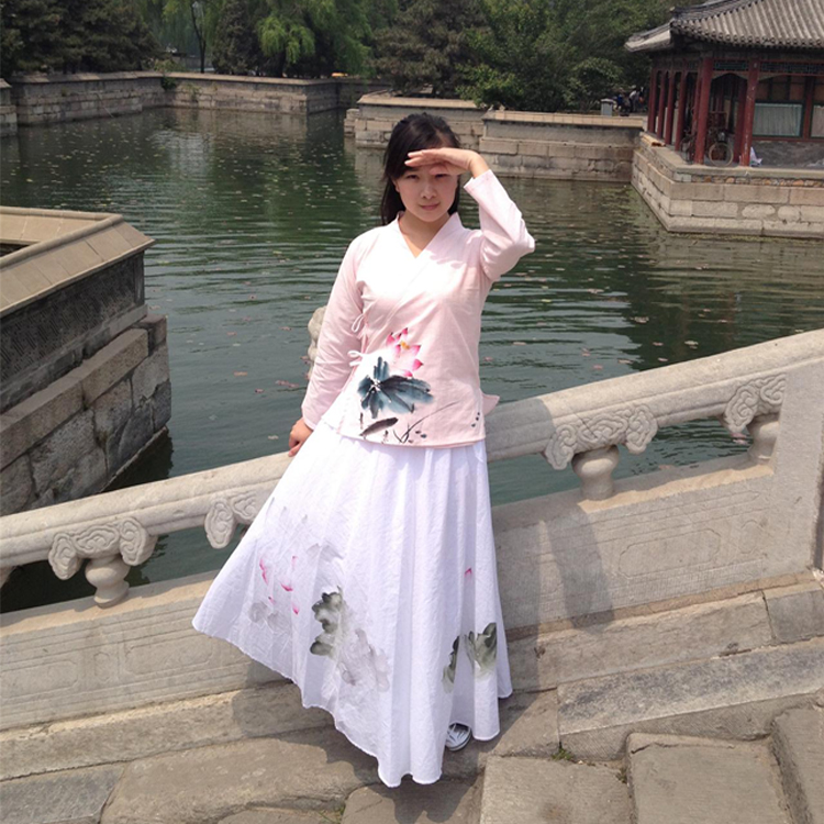 一缕烟转 清水溪中国风手绘女装荷花纯白复古改良汉服