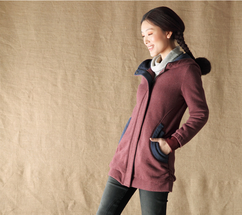 【<em>茵曼</em> 2013冬季拼接长袖纯棉<em>连帽开衫外套</em>【