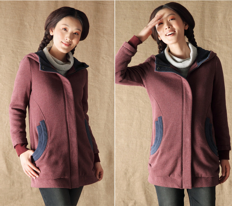 【<em>茵曼</em> 2013冬季拼接长袖纯棉<em>连帽开衫外套</em>【