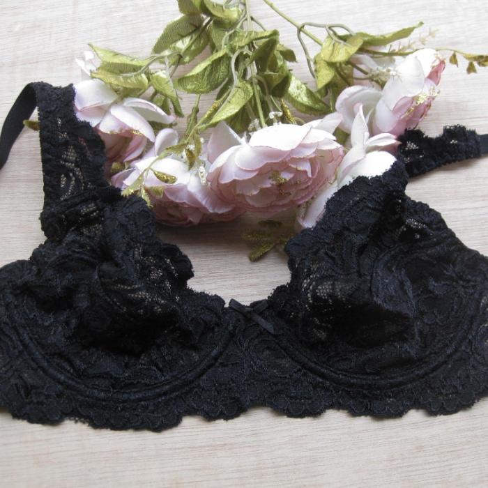 【外贸黑色<em>绣花胸罩</em> 透明蕾丝超薄文胸 大码内