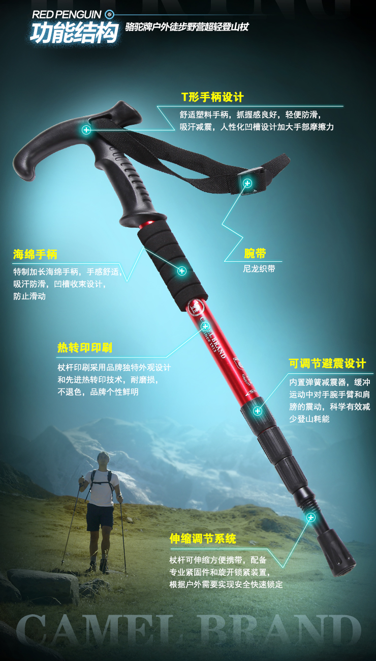 骆驼牌驴友户外用品碳纤维碳素超轻徒步登山杖手杖3aa7001