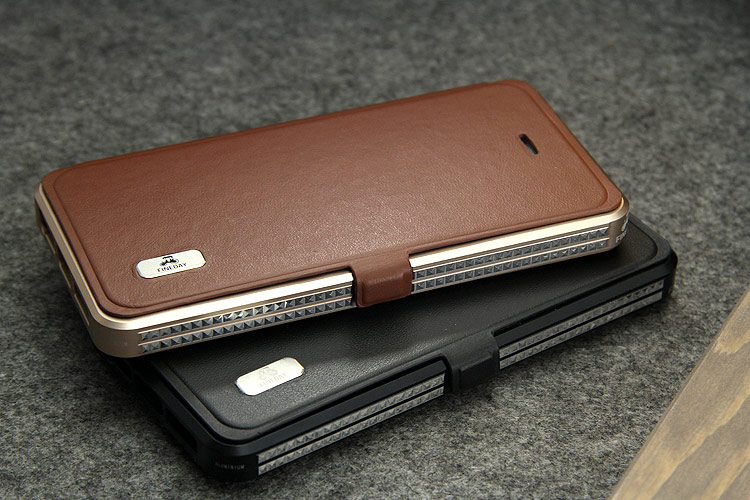iMatch Luxury Aluminum Metal Bumper Premium Genuine Leather Flip Magnetic Case Cover for Apple iPhone SE/5S/5