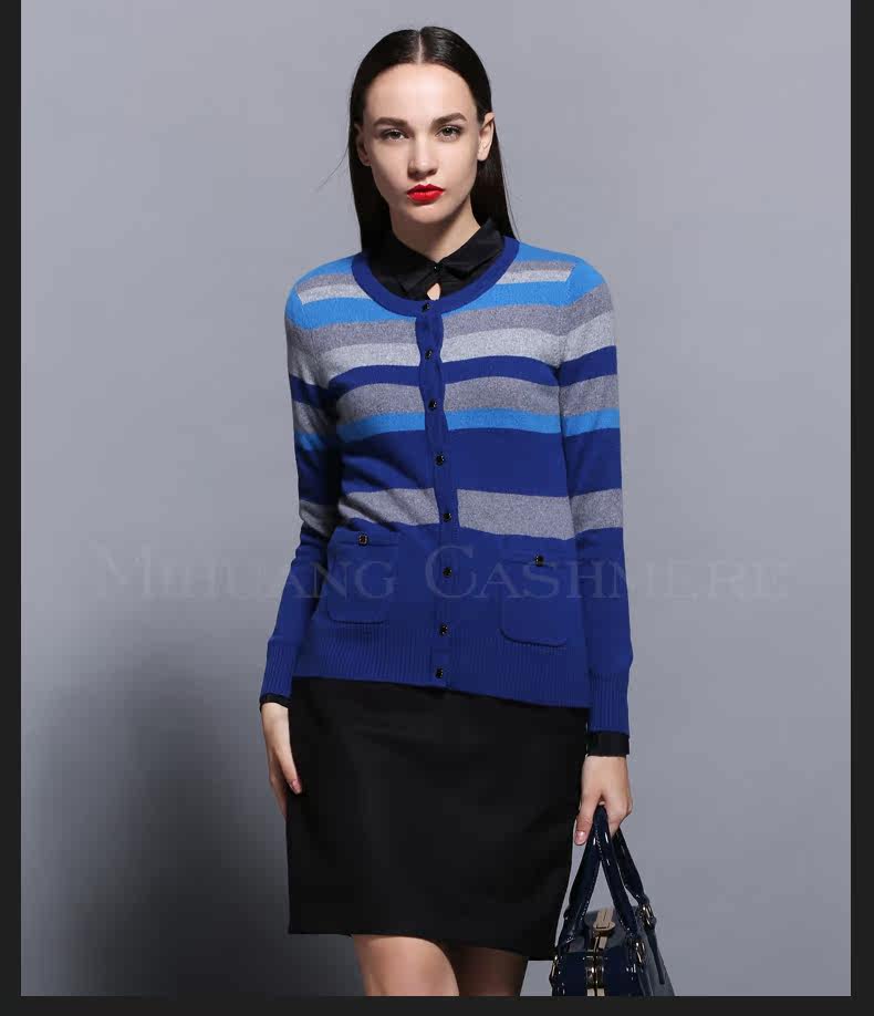 <em>米皇</em> 女式<em>羊绒开衫</em>秋 经典条纹圆领长袖纯<em>羊绒</em>