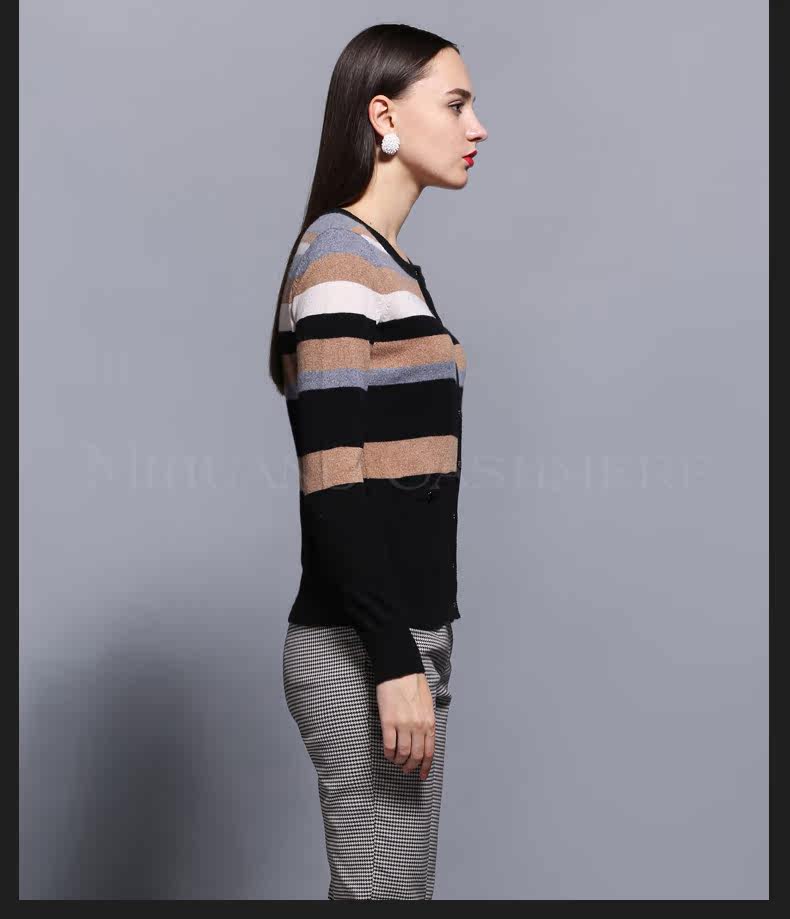 <em>米皇</em> 女式<em>羊绒开衫</em>秋 经典条纹圆领长袖纯<em>羊绒</em>