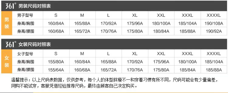 361度女装男装尺码表