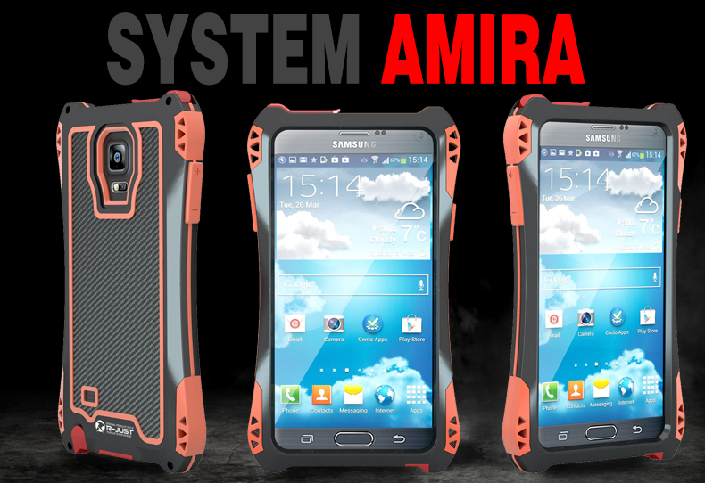 R-Just Amira Heavy Duty Dirtproof Shockproof Rainproof Aluminum Metal Bumper Carbon Fiber Back Cover Case for Samsung Galaxy Note 4 N9100