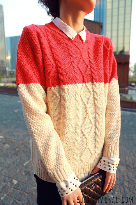 温暖 苏安家正版 <em>手织毛衣</em> 撞色拼色韩国麻花大