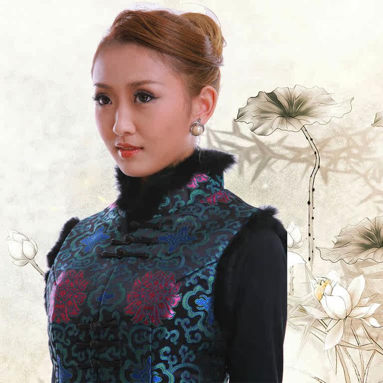 赐福<em>旗袍</em> 2011冬款大红织锦缎真毛边<em>女式</em>长款